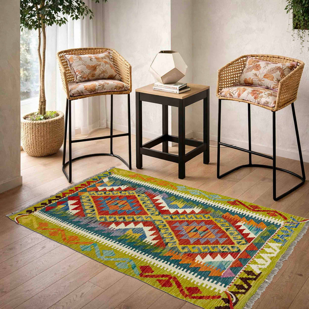 Multicolor Afghan Vegetable Kilim Rug 2'11" x 4'3" Flat-Weave reverse