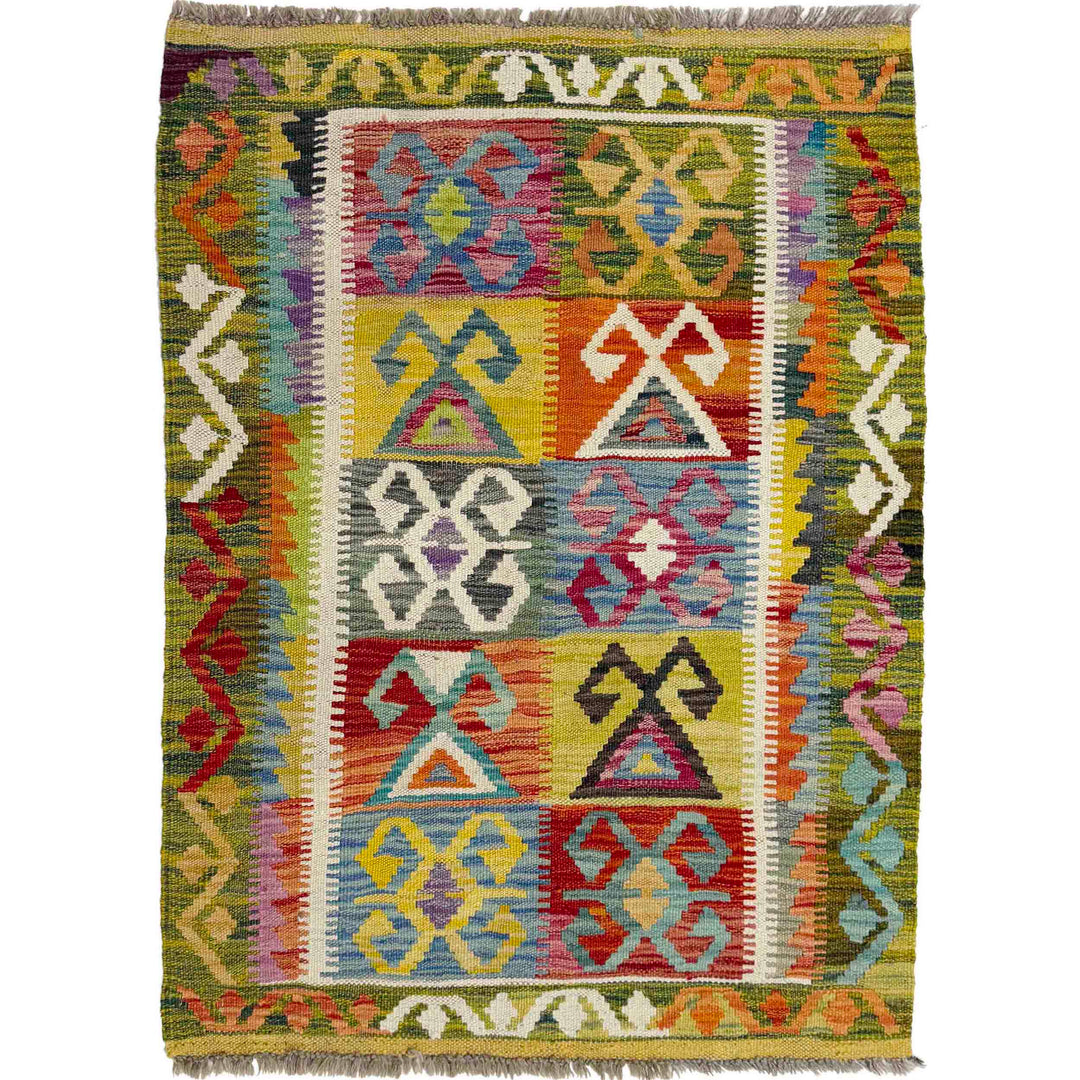 Multicolor Afghan Vegetable Kilim Rug 2'9" x 3'10" Flat-Weave