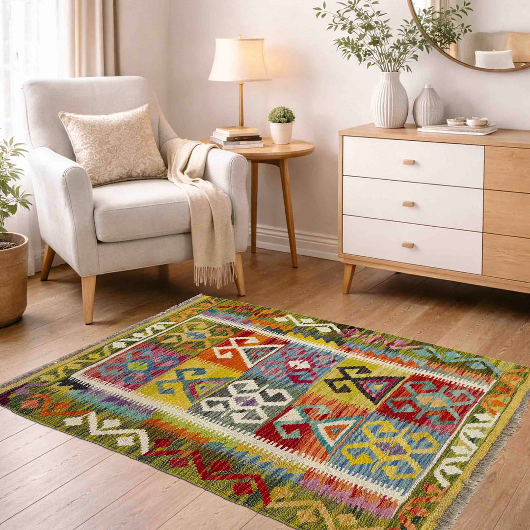 Multicolor Afghan Vegetable Kilim Rug 2'9" x 3'10" Flat-Weave reverse
