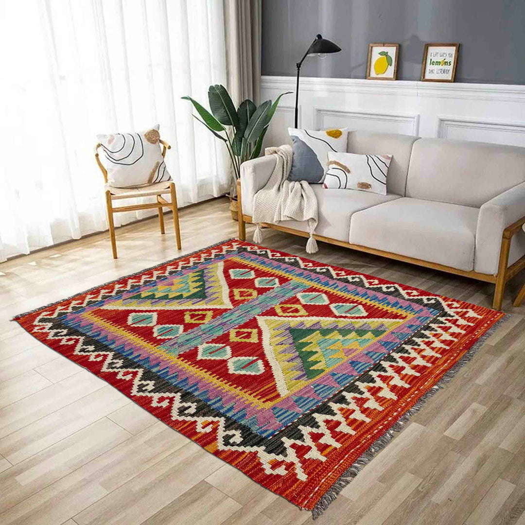 Multicolor Afghan Vegetable Kilim Rug 2'9" x 3'11" Flat-Weave reverse
