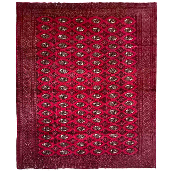 Deep Red Afghan Bokhara Rug 10' 0" x 11' 11" Hand-Knotted