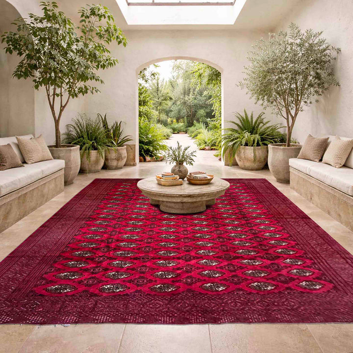 Deep Red Afghan Bokhara Rug 10' 0" x 11' 11" Hand-Knotted reverse