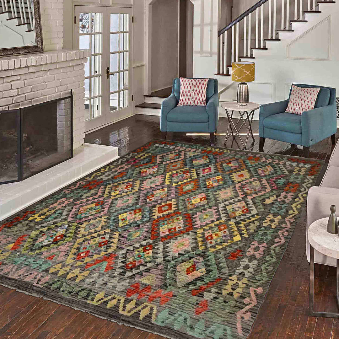 Afghan Vegetable Kilim Rug 6' 0" x 7' 8" Flat-Weave reverse