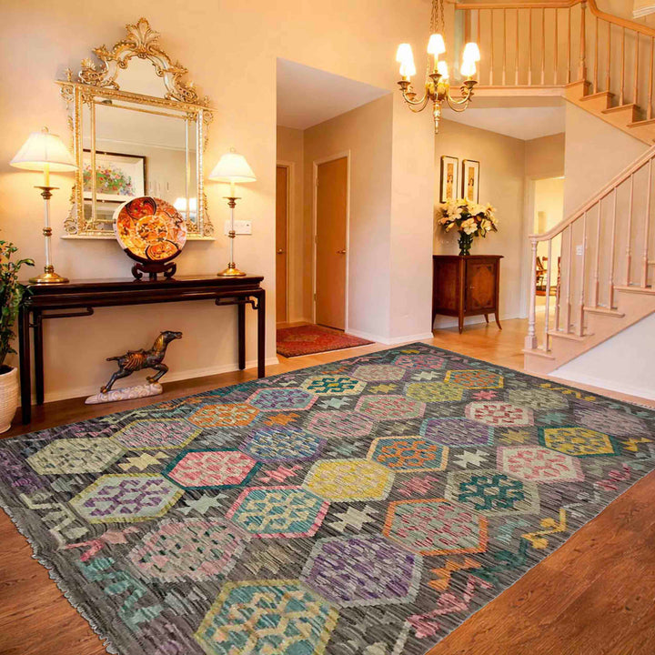 Afghan Vegetable Kilim Rug 5' 9" x 8' 1" Flat-Weave detail