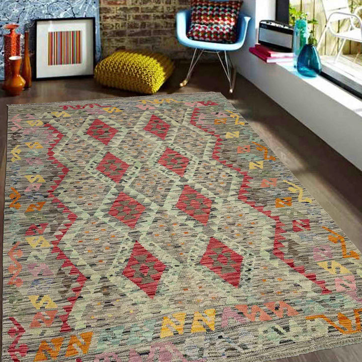 Hand Woven Wool Kelim 5' 1" x 6' 6" - No. AL182186