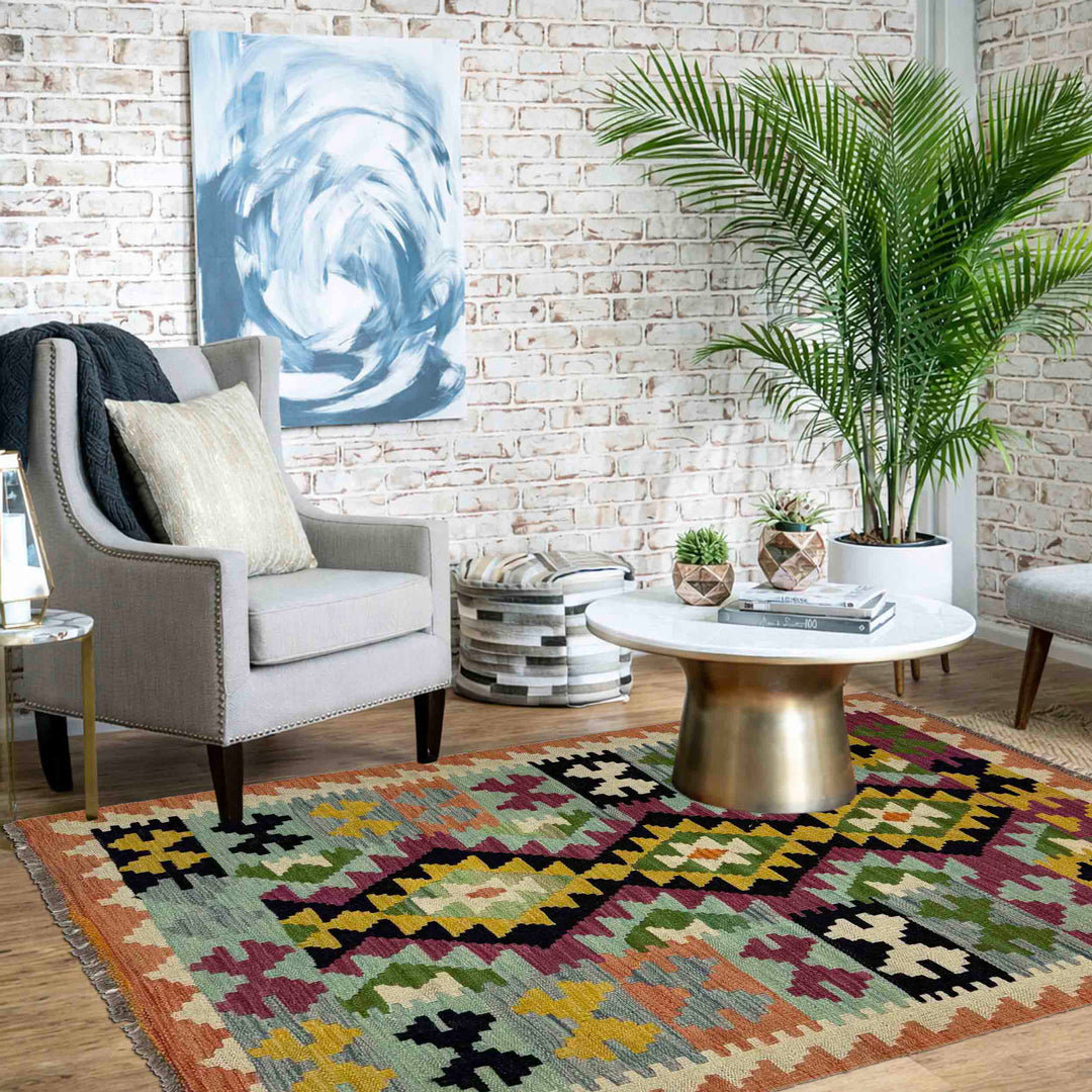 Afghan Vegetable Kilim Rug 3' 2" x 4' 10" Flat-Weave reverse