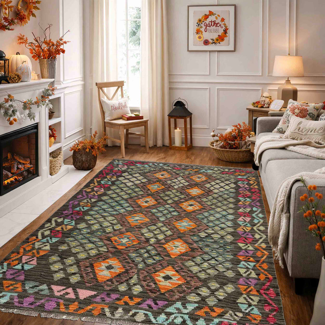 Afghan Vegetable Kilim Rug 4' 3" x 5' 10" Flat-Weave reverse