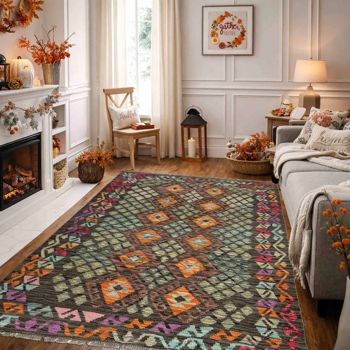 Afghan Vegetable Kilim Rug 4' 3" x 5' 10" Flat-Weave reverse