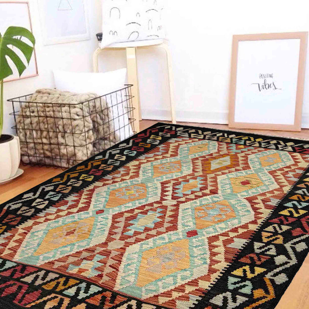 Afghan Vegetable Kilim Rug 4' 2" x 6' 2" Flat-Weave reverse