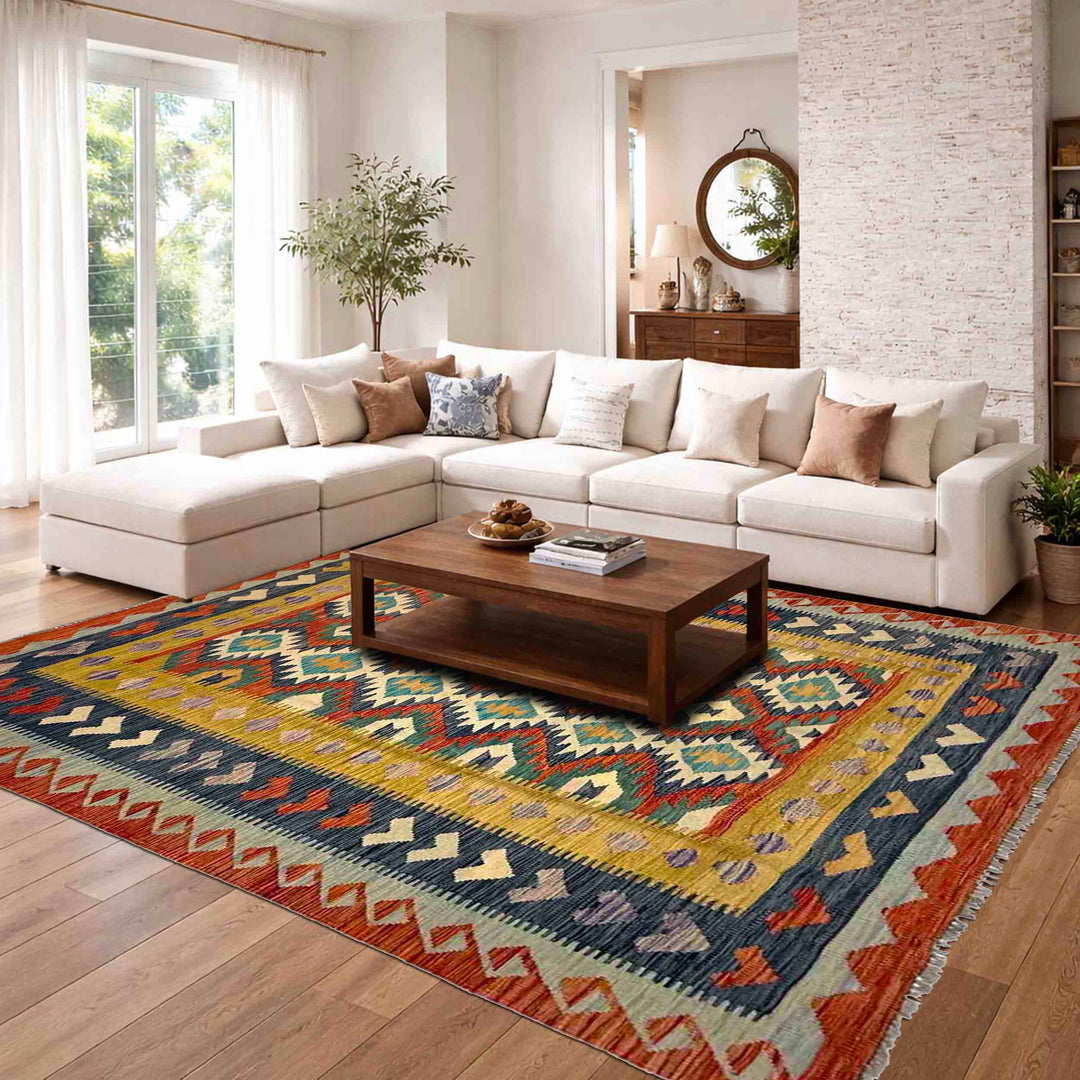 Afghan Vegetable Kilim Rug 5' 10" x 8' 2" Flat-Weave detail