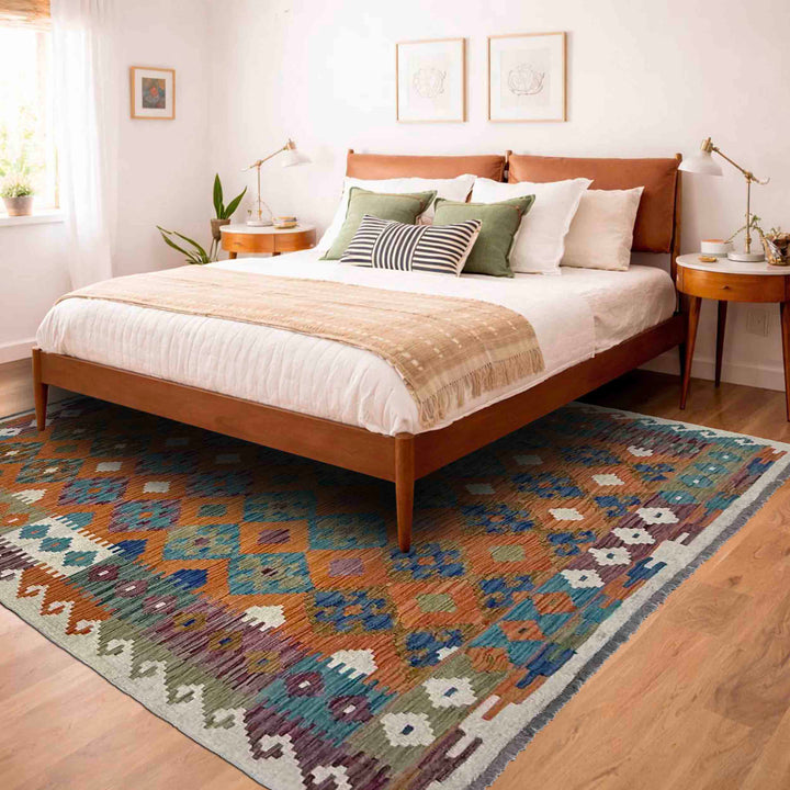 Afghan Vegetable Kilim Rug 5' 11" x 7' 7" Flat-Weave reverse