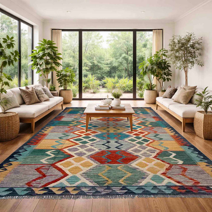 Afghan Vegetable Kilim Rug 5' 9" x 8' 6" Flat-Weave detail