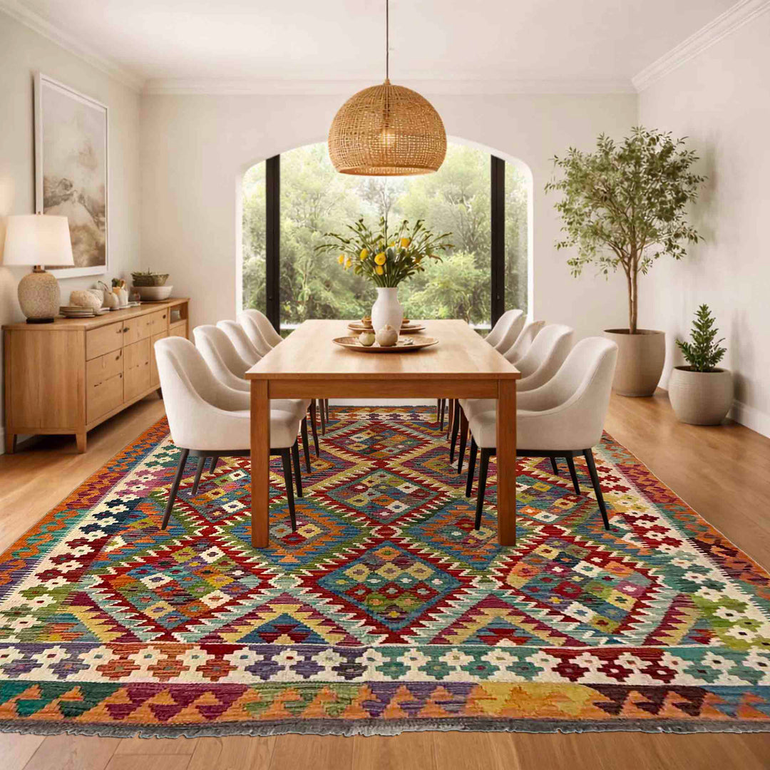 Afghan Vegetable Kilim Rug 6' 1" x 7' 11" Flat-Weave reverse