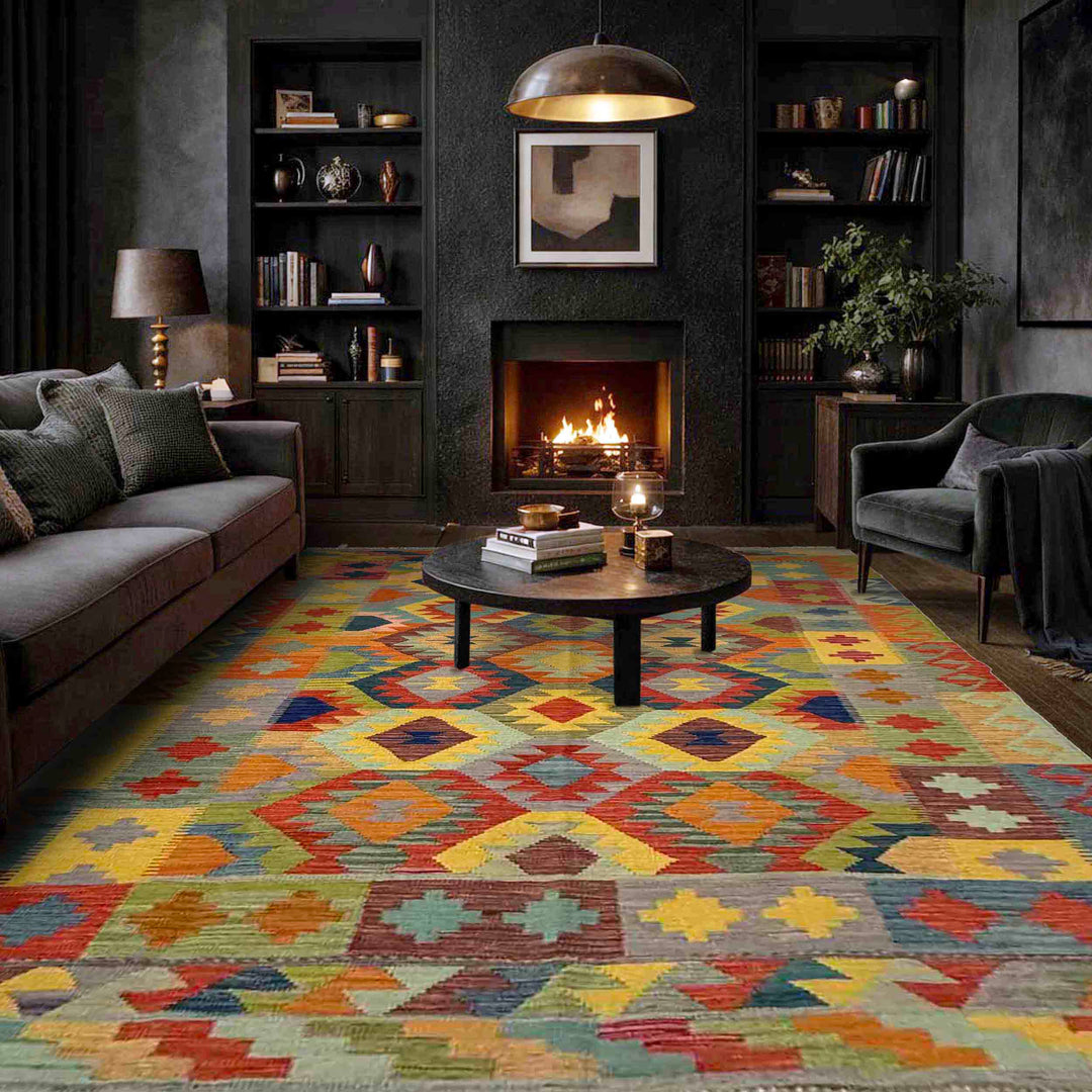 Afghan Vegetable Kilim Rug 5' 7" x 8' 2" Flat-Weave reverse