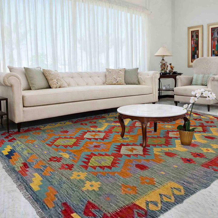 Afghan Vegetable Kilim Rug 5' 7" x 8' 0" Flat-Weave reverse