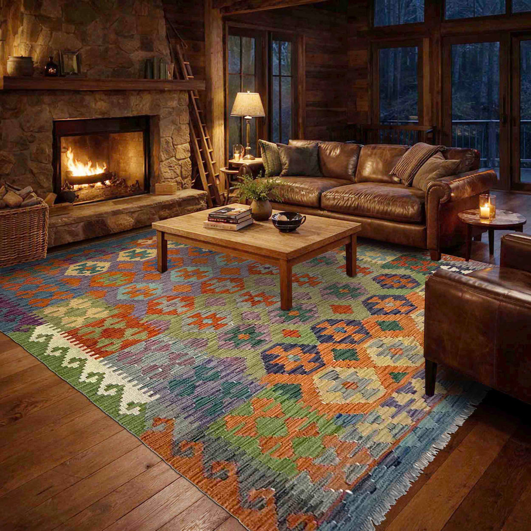 Afghan Vegetable Kilim Rug 5' 9" x 8' 0" Flat-Weave reverse