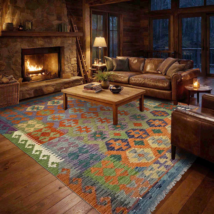 Afghan Vegetable Kilim Rug 5' 9" x 8' 0" Flat-Weave reverse