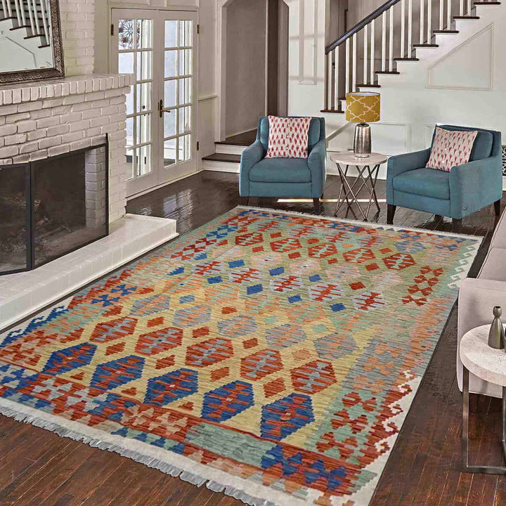 Afghan Vegetable Kilim Rug 6' 2" x 7' 10" Flat-Weave reverse