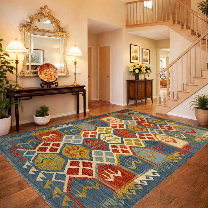 Afghan Vegetable Kilim Rug 5' 7" x 8' 0" Flat-Weave reverse