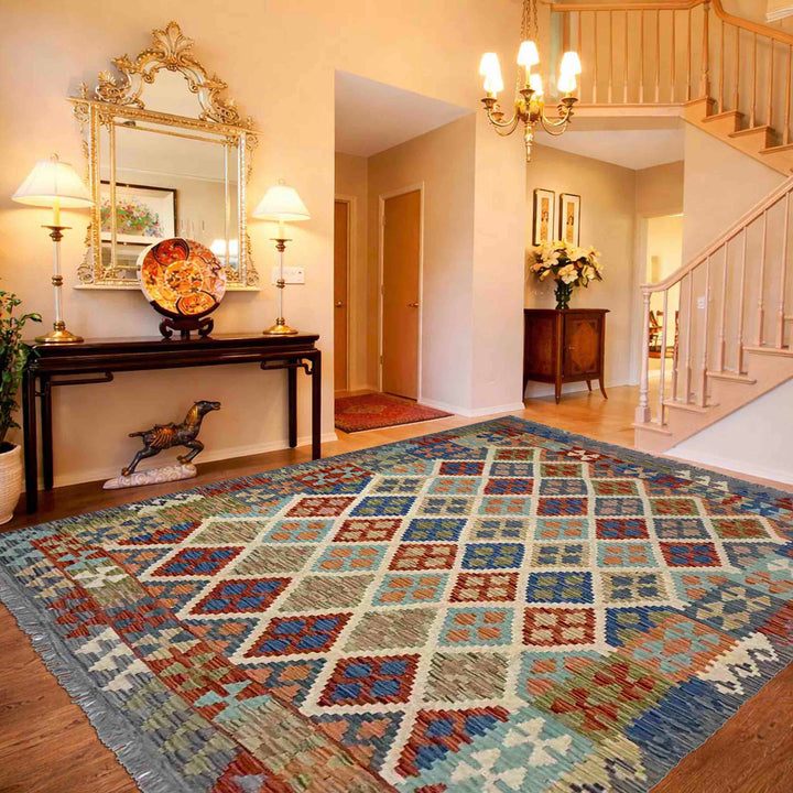 Afghan Vegetable Kilim Rug 6' 3" x 7' 7" Flat-Weave reverse