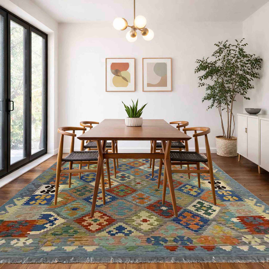 Afghan Vegetable Kilim Rug 5' 8" x 8' 5" Flat-Weave texture