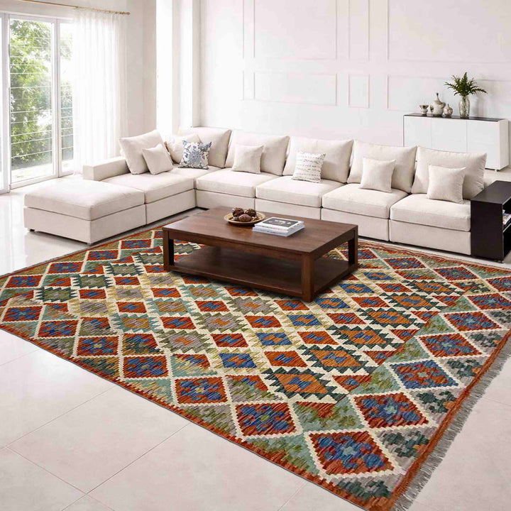 Afghan Vegetable Kilim Rug 5' 11" x 8' 2" Flat-Weave reverse