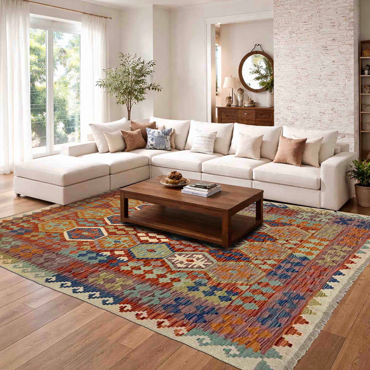 Afghan Vegetable Kilim Rug 5' 9" x 8' 2" Flat-Weave reverse