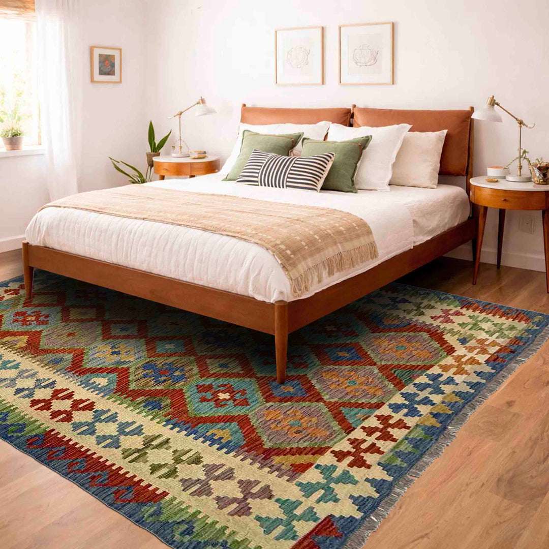 Afghan Vegetable Kilim Rug 5' 11" x 8' 0" Flat-Weave reverse