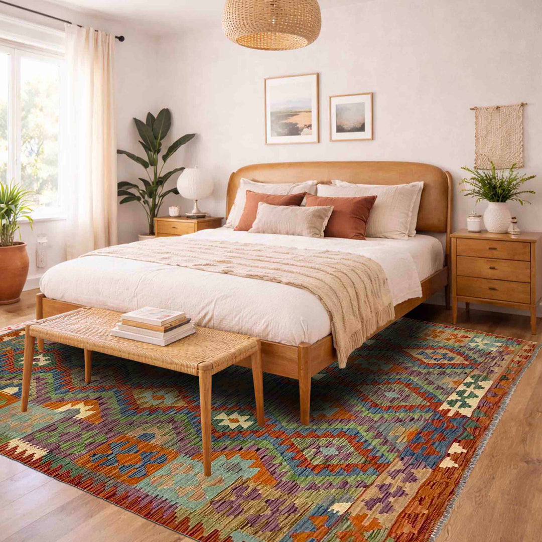 Afghan Vegetable Kilim Rug 5' 9" x 8' 1" Flat-Weave reverse
