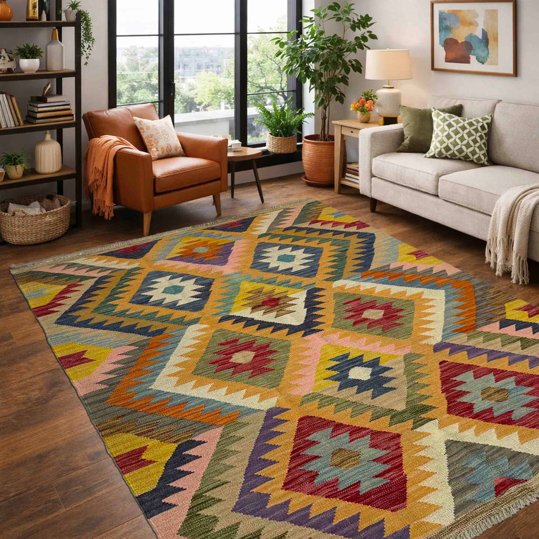 Afghan Vegetable Kilim Rug 4' 1" x 6' 0" Flat-Weave reverse
