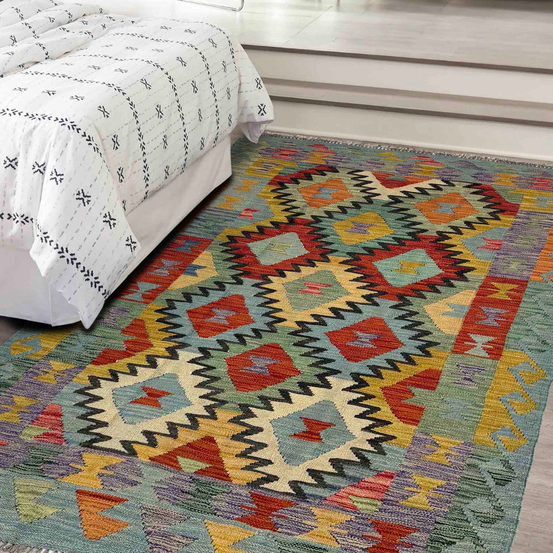 Afghan Vegetable Kilim Rug 4' 4" x 6' 8" Flat-Weave reverse