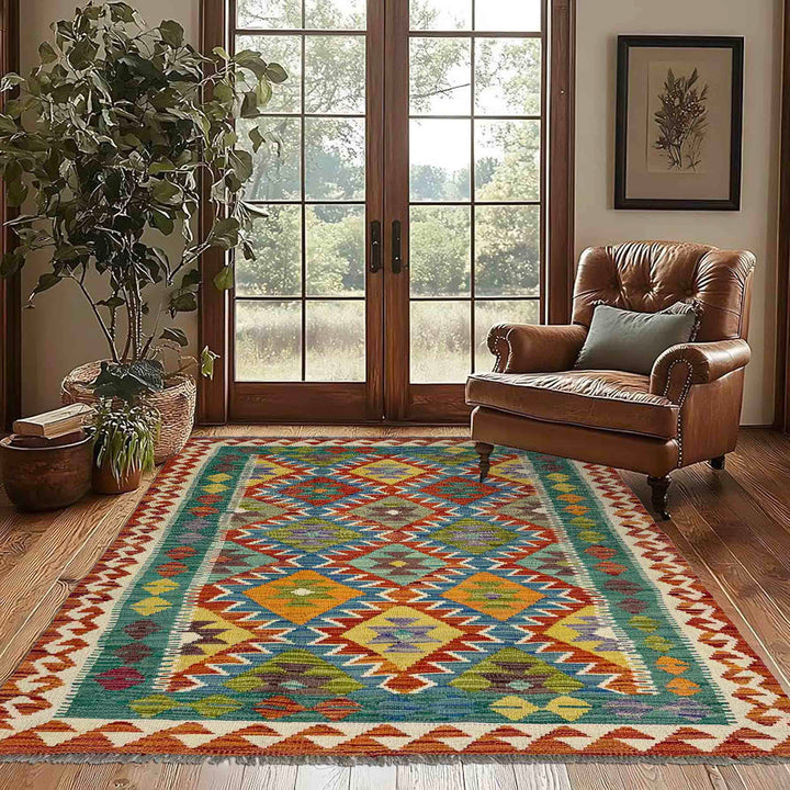 Afghan Vegetable Kilim Rug 4' 1" x 6' 5" Flat-Weave reverse