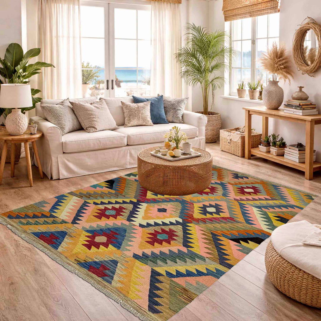 Afghan Vegetable Kilim Rug 4' 3" x 6' 0" Flat-Weave reverse