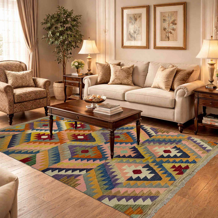 Afghan Vegetable Kilim Rug 4' 3" x 5' 11" Flat-Weave reverse