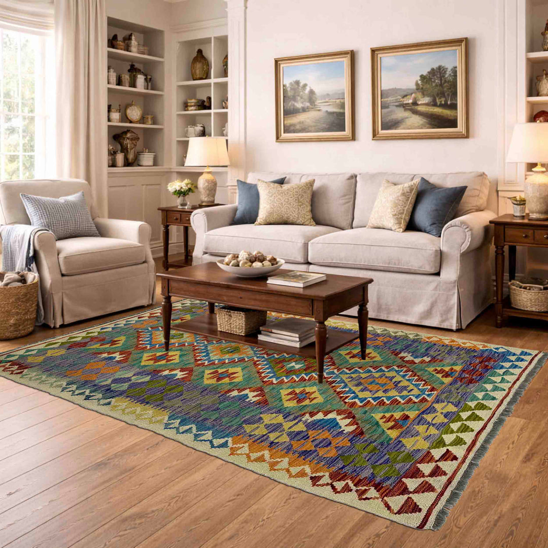 Afghan Vegetable Kilim Rug 4' 2" x 6' 6" Flat-Weave reverse