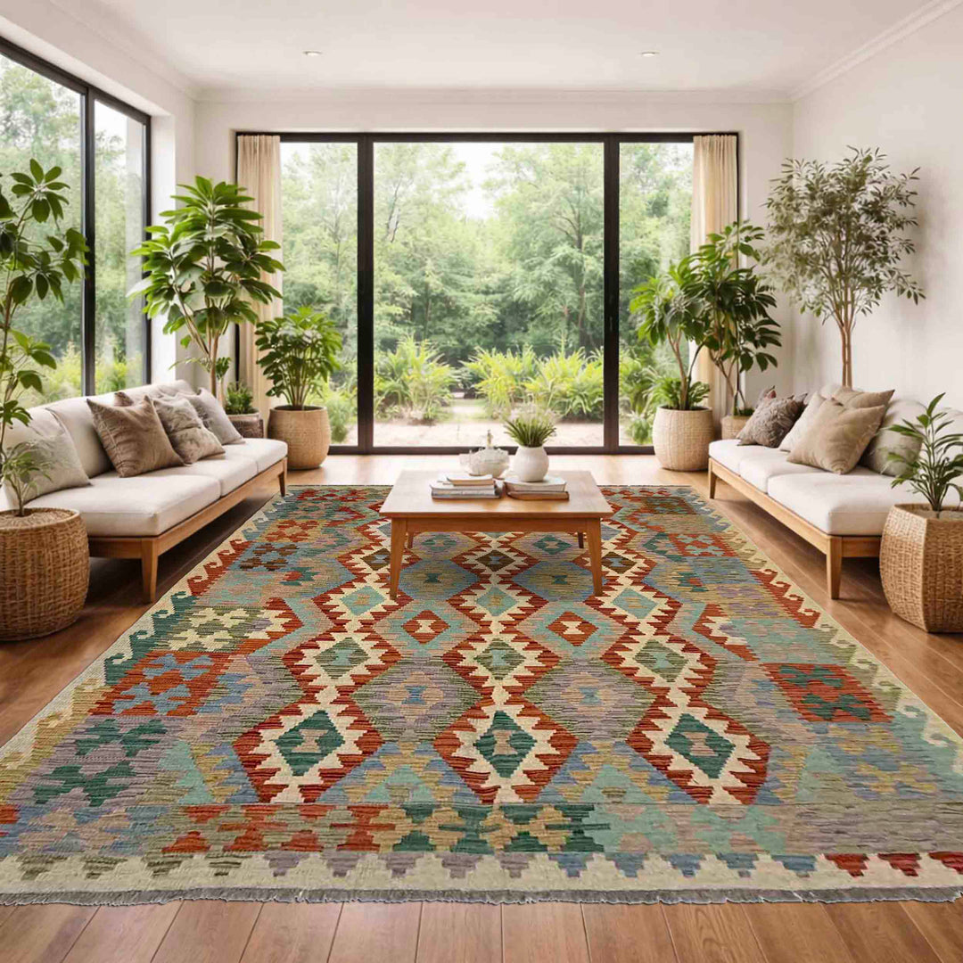 Afghan Vegetable Kilim Rug 5' 10" x 8' 1" Flat-Weave reverse