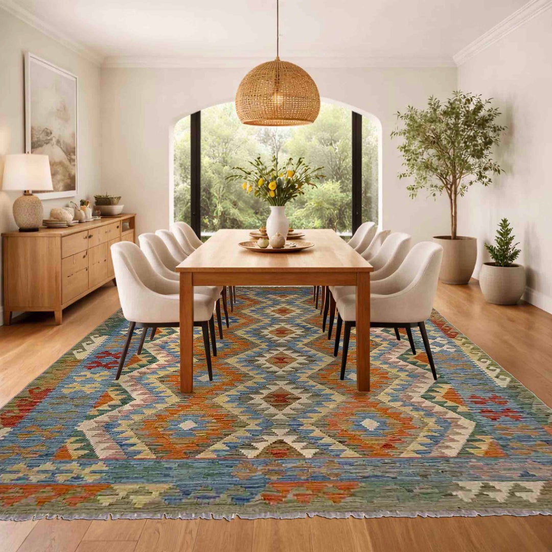 Afghan Vegetable Kilim Rug 5' 9" x 8' 1" Flat-Weave reverse