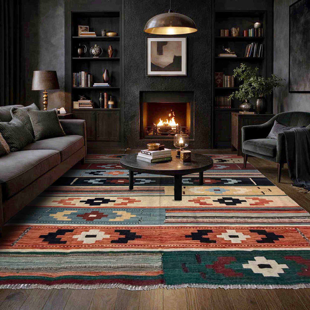Afghan Vegetable Kilim Rug 5' 11" x 7' 9" Flat-Weave reverse