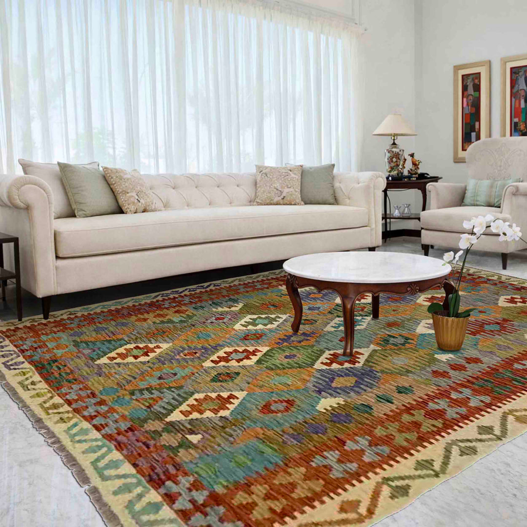 Afghan Vegetable Kilim Rug 5' 9" x 7' 11" Flat-Weave reverse