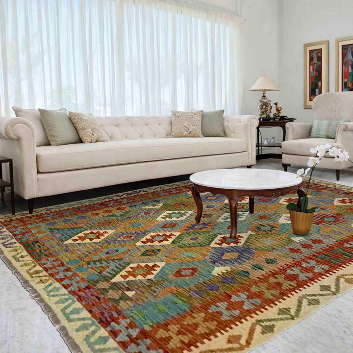 Afghan Vegetable Kilim Rug 5' 9" x 7' 11" Flat-Weave reverse