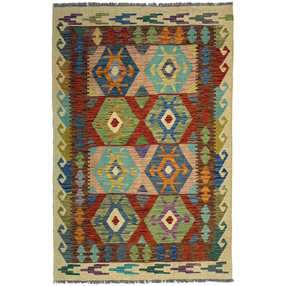 Multi Color ful Flat-Weave Wool Kilim 4' 0" x 6' 6" - No. AL661465