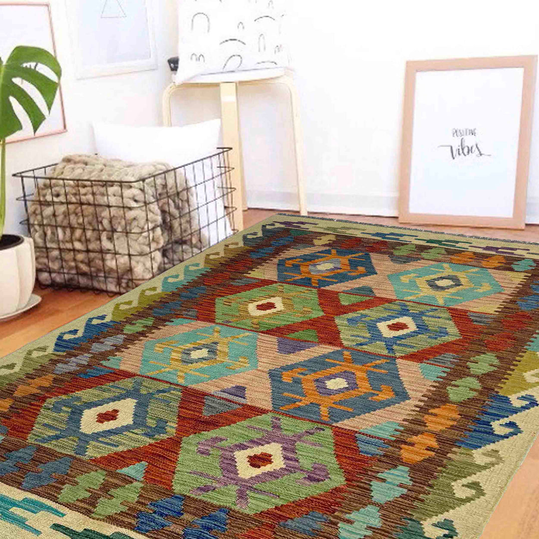 Multi Color ful Flat-Weave Wool Kilim 4' 0" x 6' 6" - No. AL661465