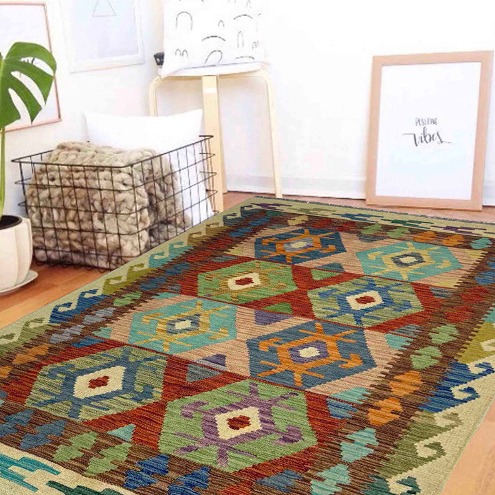 Multi Color ful Flat-Weave Wool Kilim 4' 0" x 6' 6" - No. AL661465
