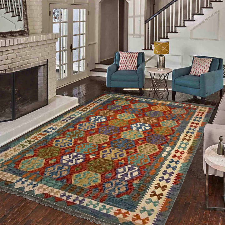 Afghan Vegetable Kilim Rug 5' 9" x 8' 2" Flat-Weave reverse