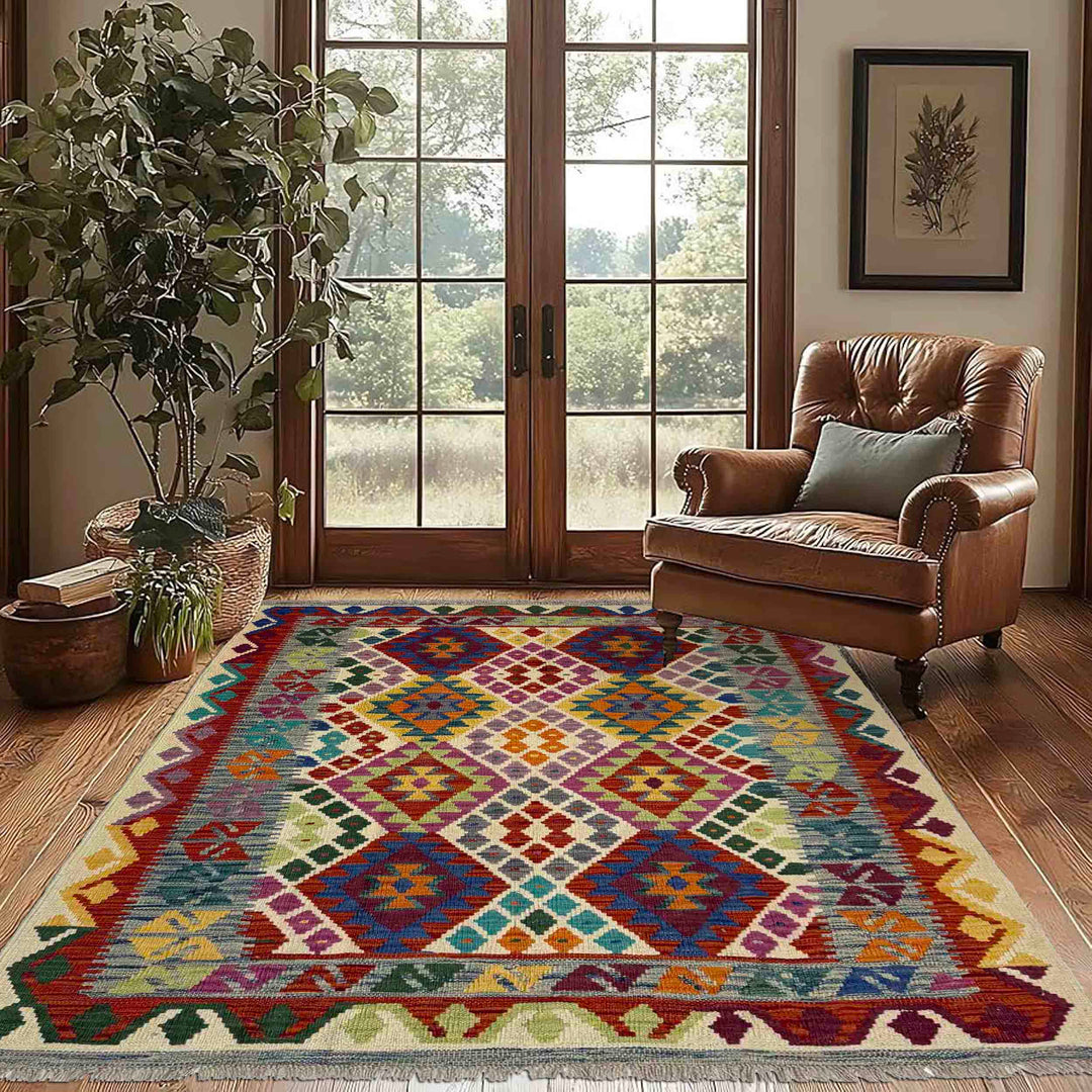 Hand Knotted Afghan Style Kilim 4' 2" x 6' 0" - No. AL953547