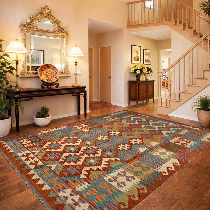 Afghan Vegetable Kilim Rug 5' 6" x 7' 10" Flat-Weave reverse