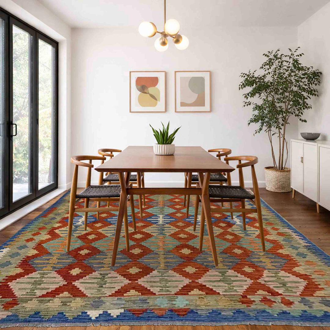 Afghan Vegetable Kilim Rug 5' 8" x 7' 8" Flat-Weave reverse