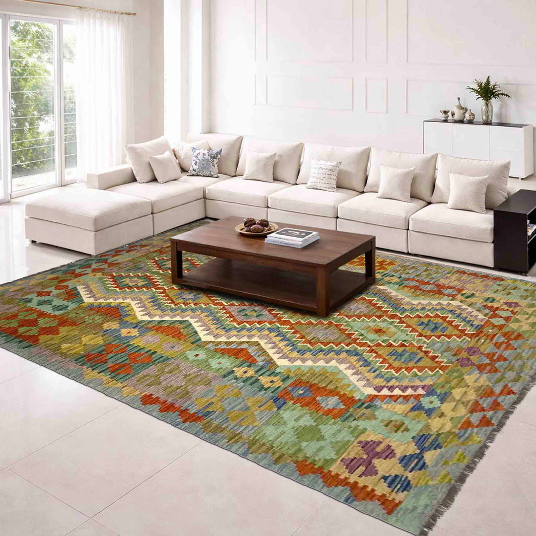 Afghan Vegetable Kilim Rug 5' 8" x 8' 2" Flat-Weave reverse