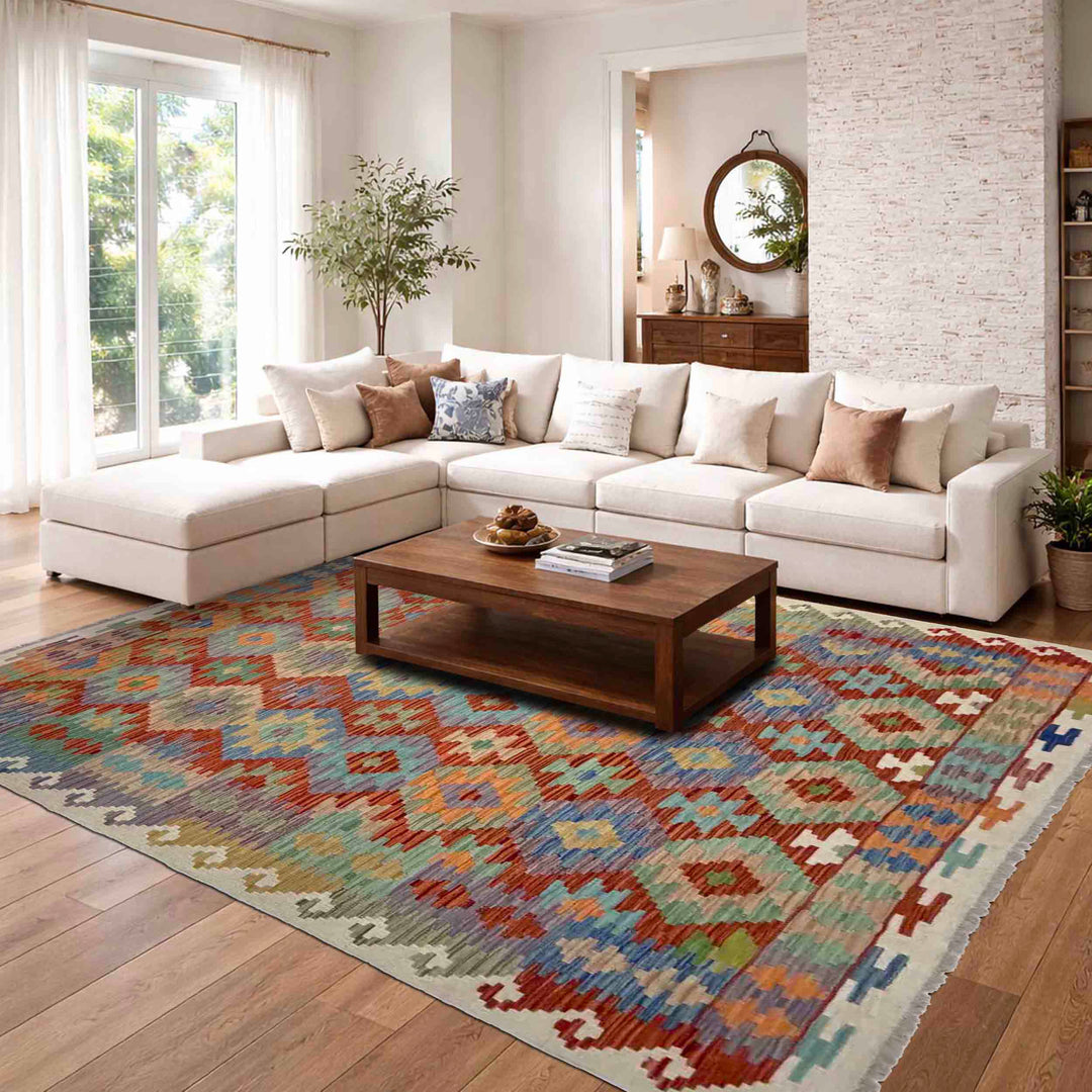 Afghan Vegetable Kilim Rug 5' 11" x 8' 1" Flat-Weave reverse