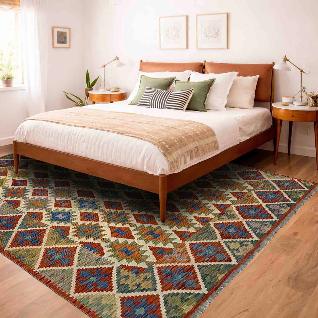 Afghan Vegetable Kilim Rug 5' 9" x 8' 2" Flat-Weave reverse
